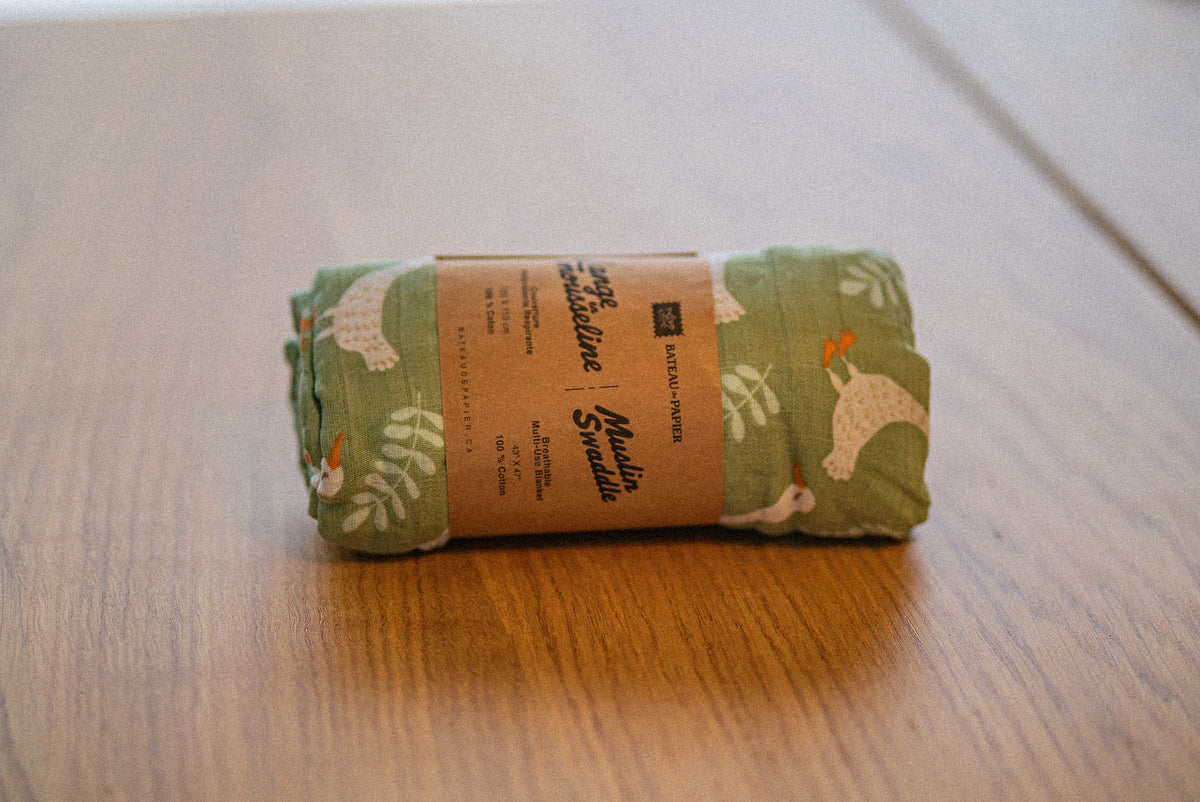 Lange en mousseline – Motif oies et feuillage vert sauge