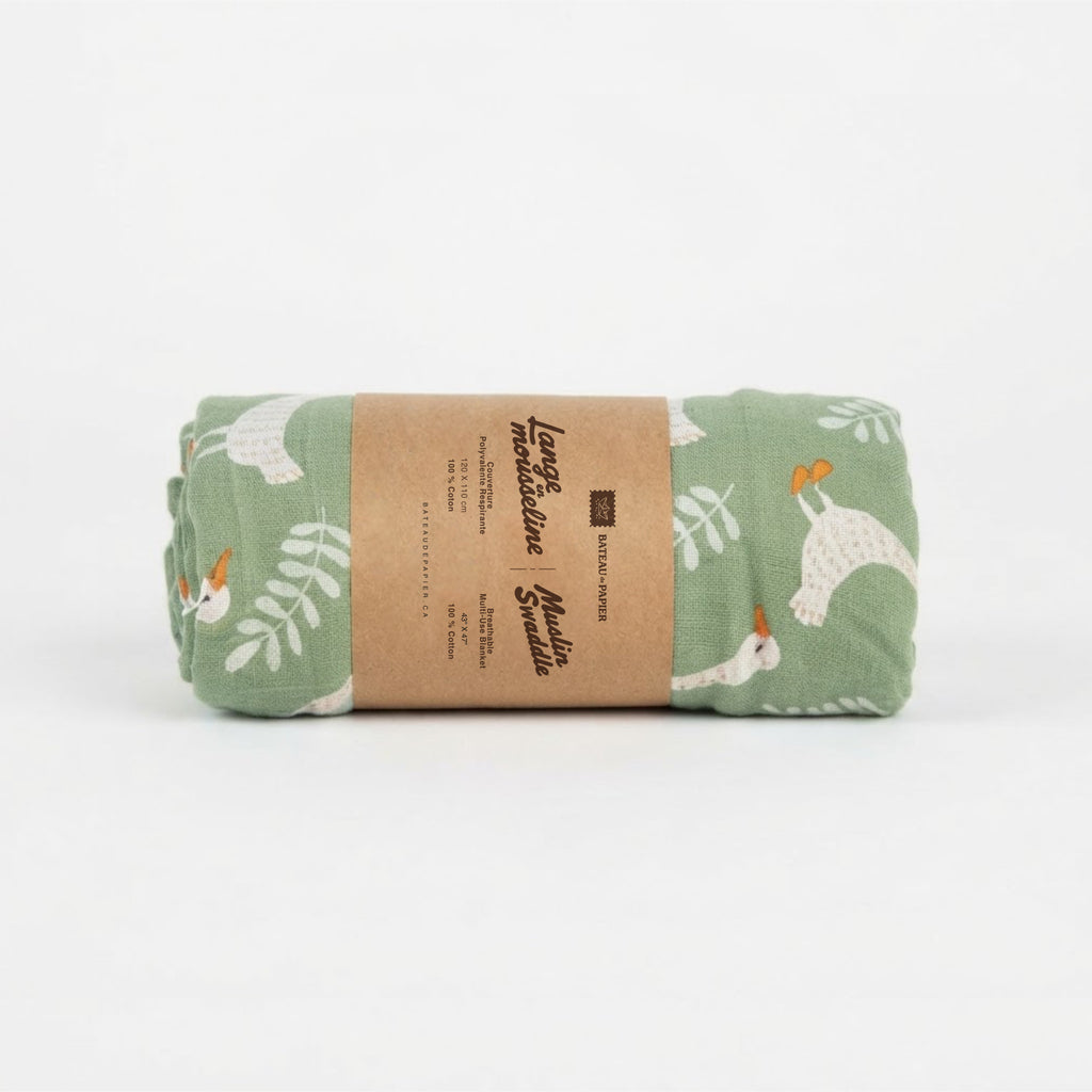 Lange en mousseline – Motif oies et feuillage vert sauge