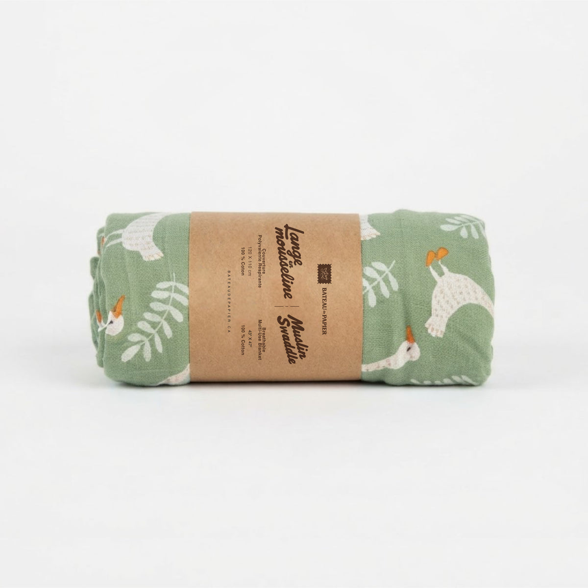 Lange en mousseline – Motif oies et feuillage vert sauge