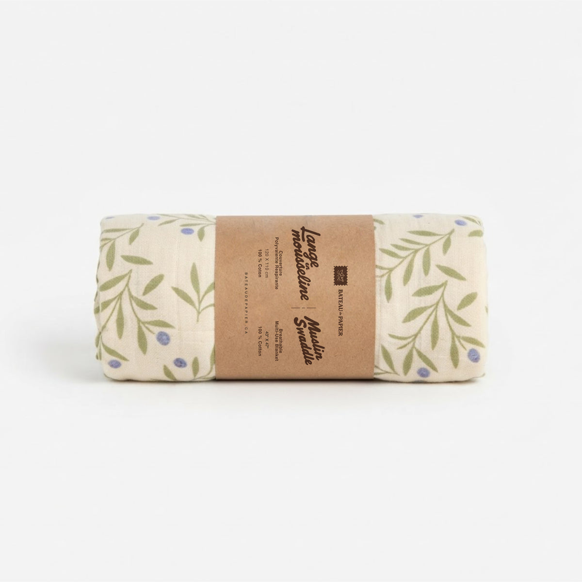 Lange en mousseline – Motif branches, feuilles et baies bleues sur fond moutarde