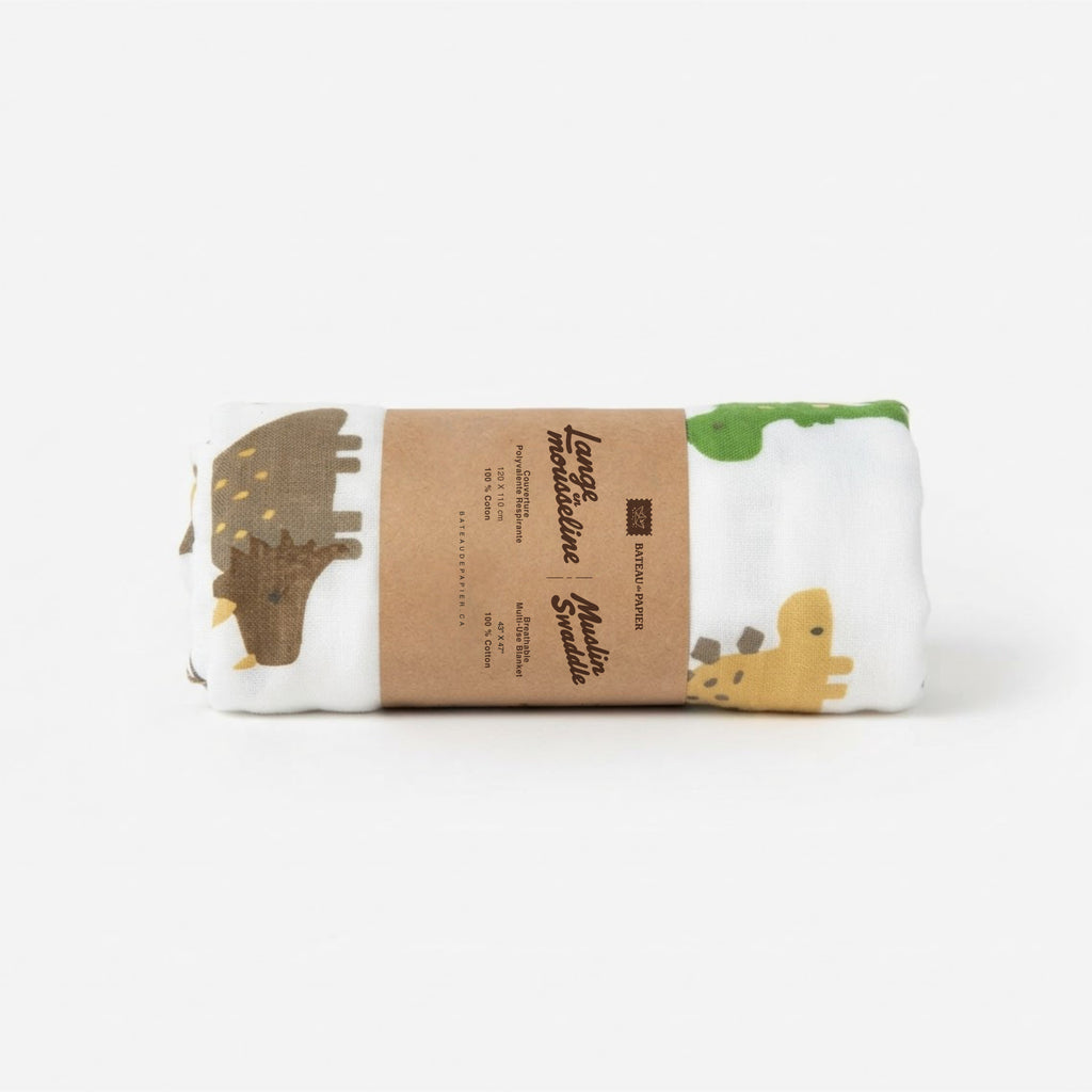 Lange en mousseline – Motif dinosaures sur fond crème