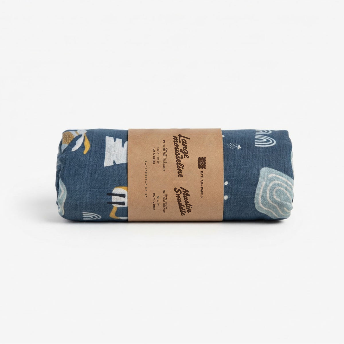 Lange en mousseline – Motif forêt enchantée et animaux sur fond bleu ardoise