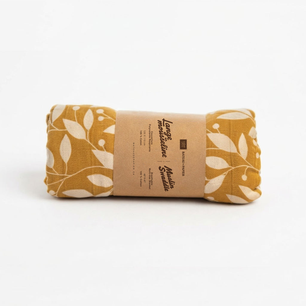 Lange en mousseline – Motif feuillage moutarde et blanc