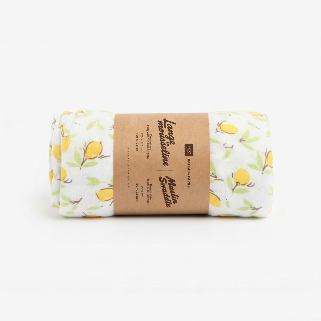 Lange en mousseline – Motif citrons et feuillage sur fond crème