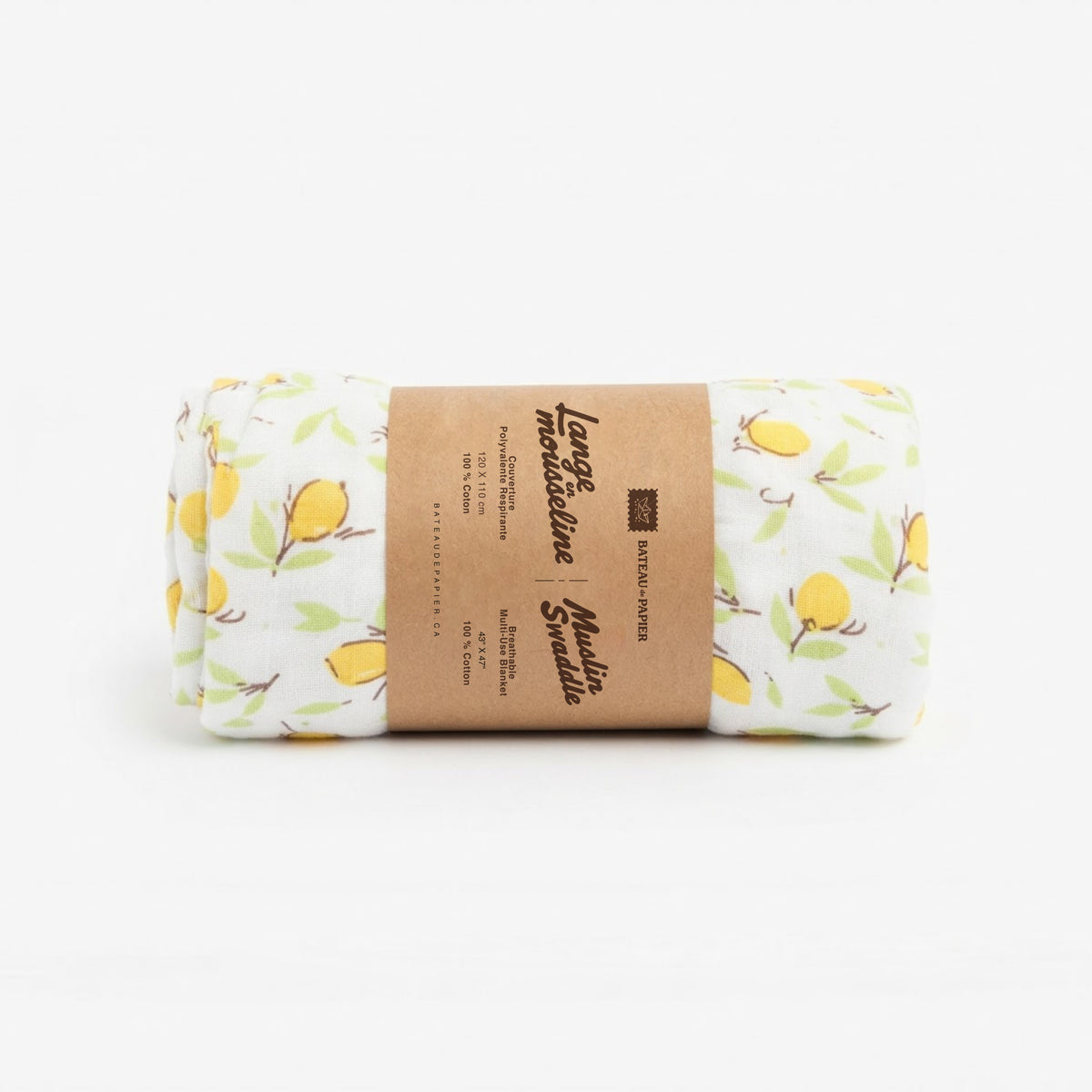 Lange en mousseline – Motif citrons et feuillage sur fond crème