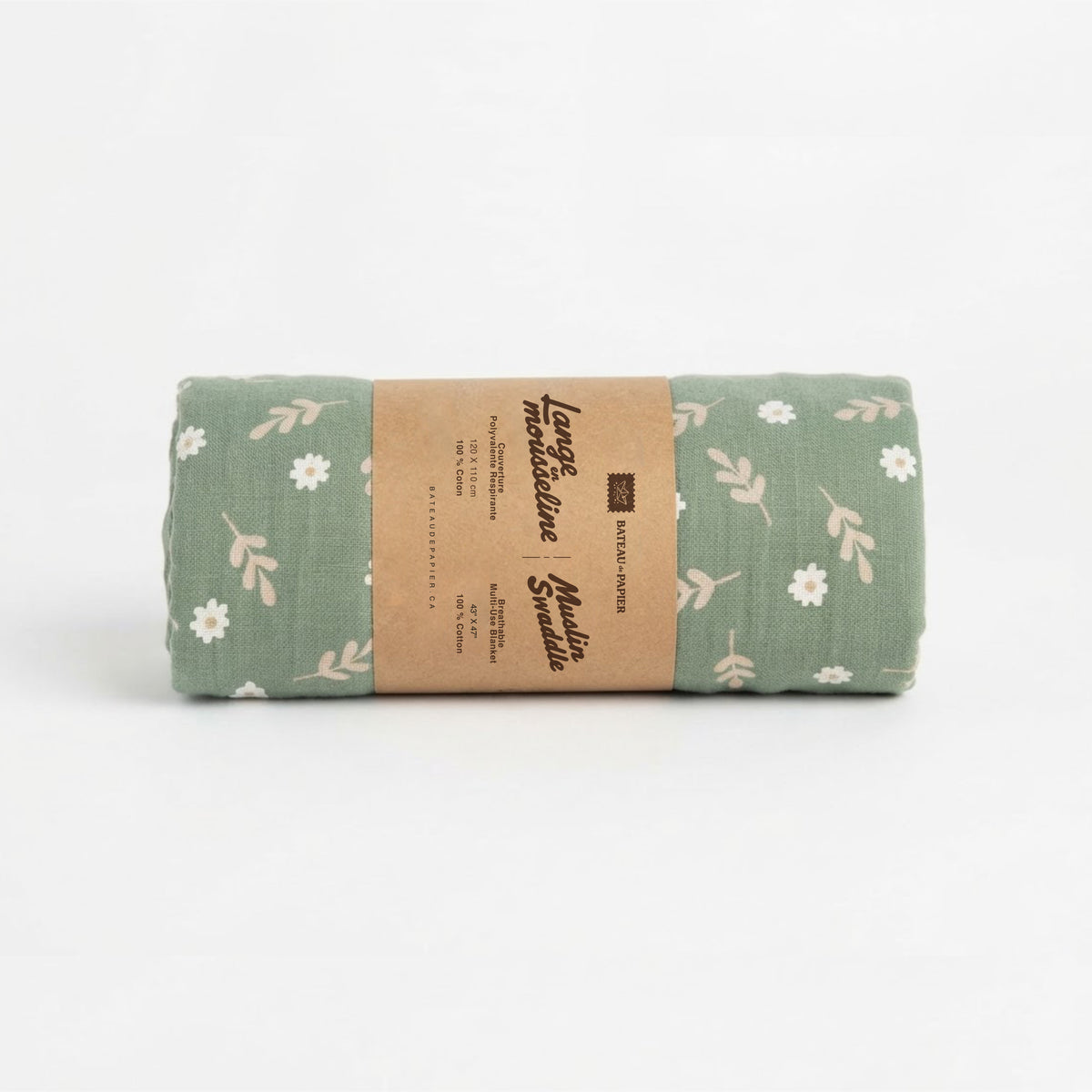 Lange en mousseline – Motif petites fleurs et feuillage vert sauge